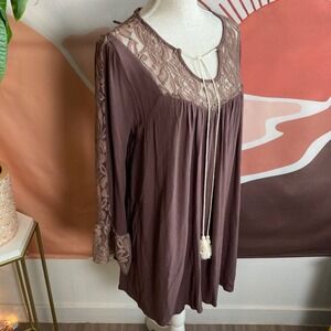 Velzera Brown Lace Tunic Dress Womens Size S Long Sleeve Boho Flowy Blouse Mocha